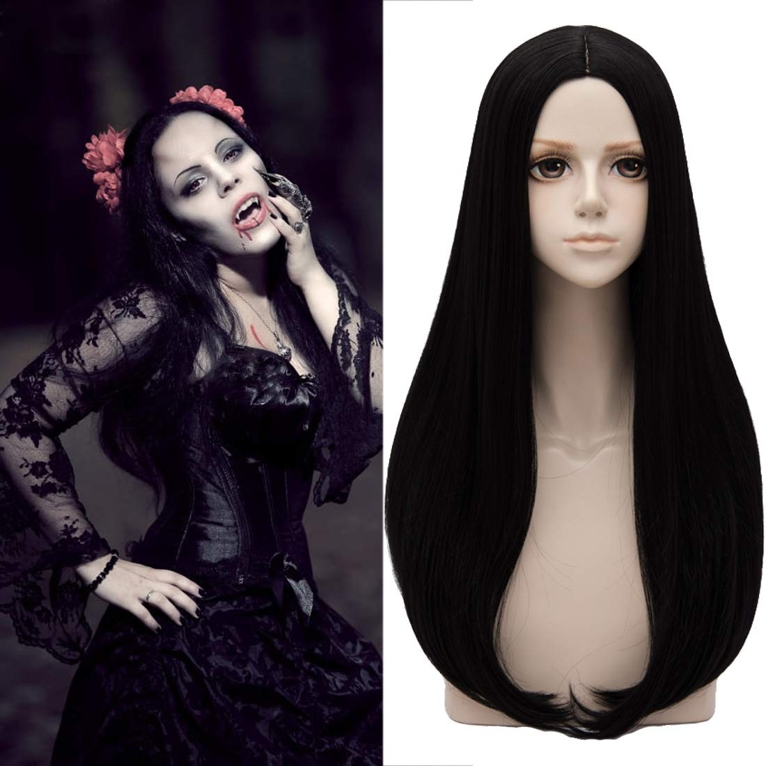 Black Wigs For Women Natural 24″ Long Straight Middle Hair Wigs Soft Daily Ba…
