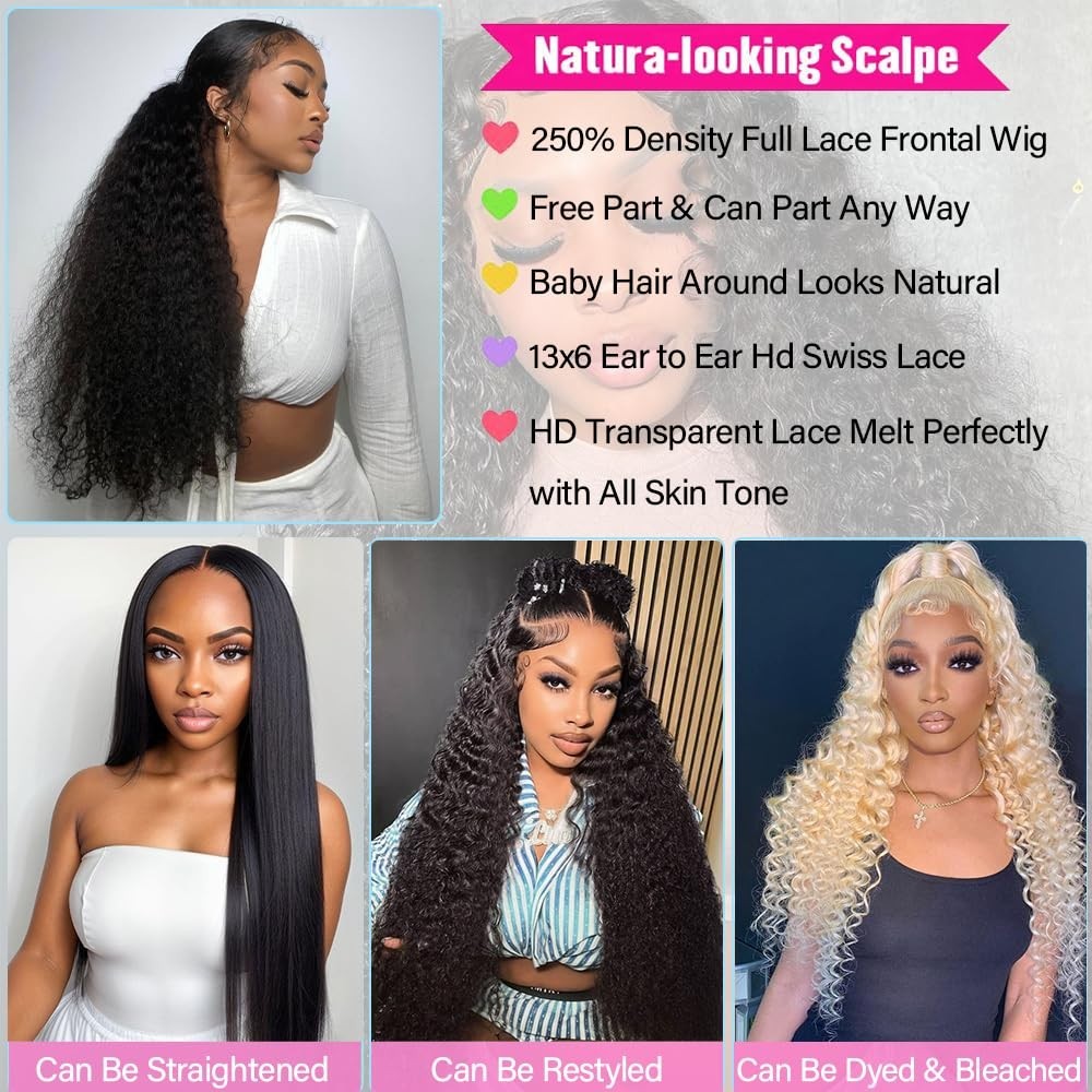 40″ 13×6 Deep Wave Lace Front Wig – Pre-Plucked, 250% Density, HD Lace, Curly Ha