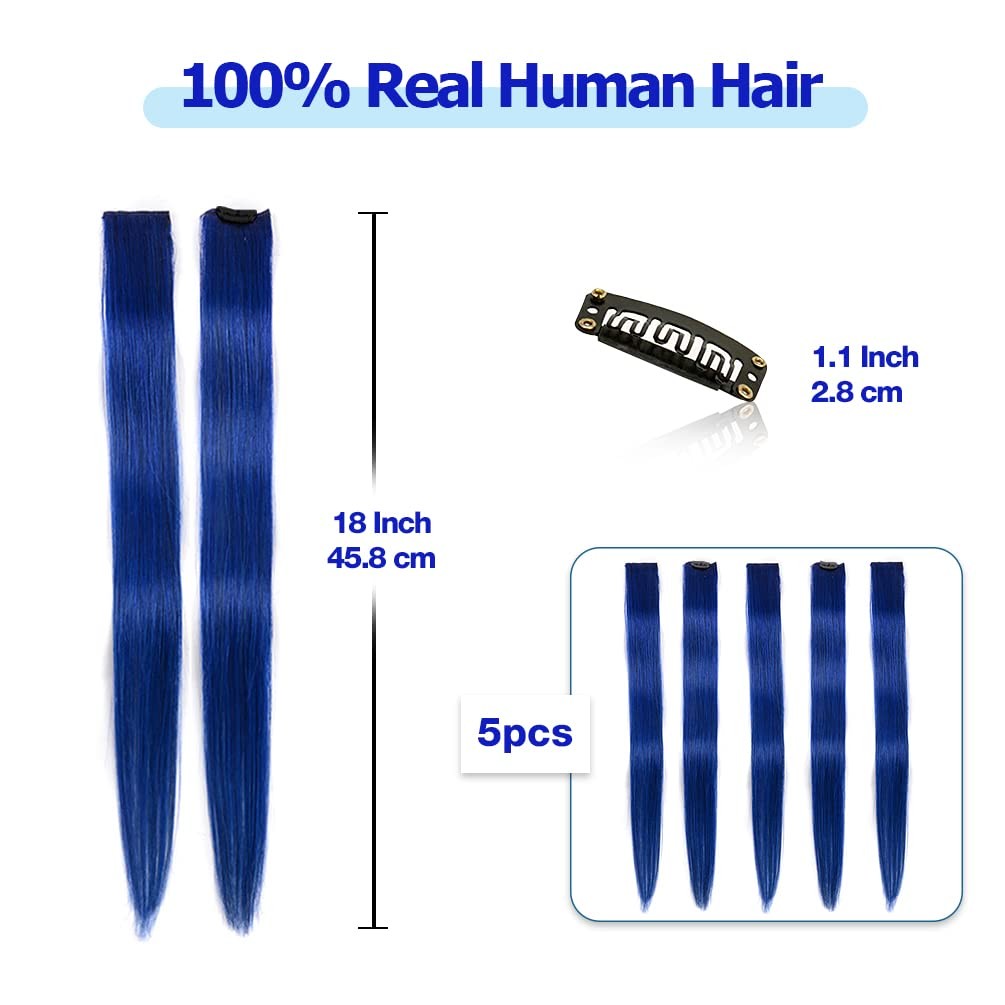 Blue Clip in Hair Extensions 100% Real Human Hair – Straight Highlights Color…