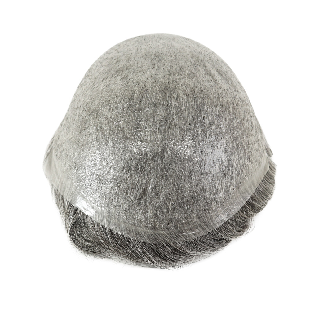 Toupee For Men Human Super Thin Skin V Looped Men Hairpiece Wig Black Grey #1B65