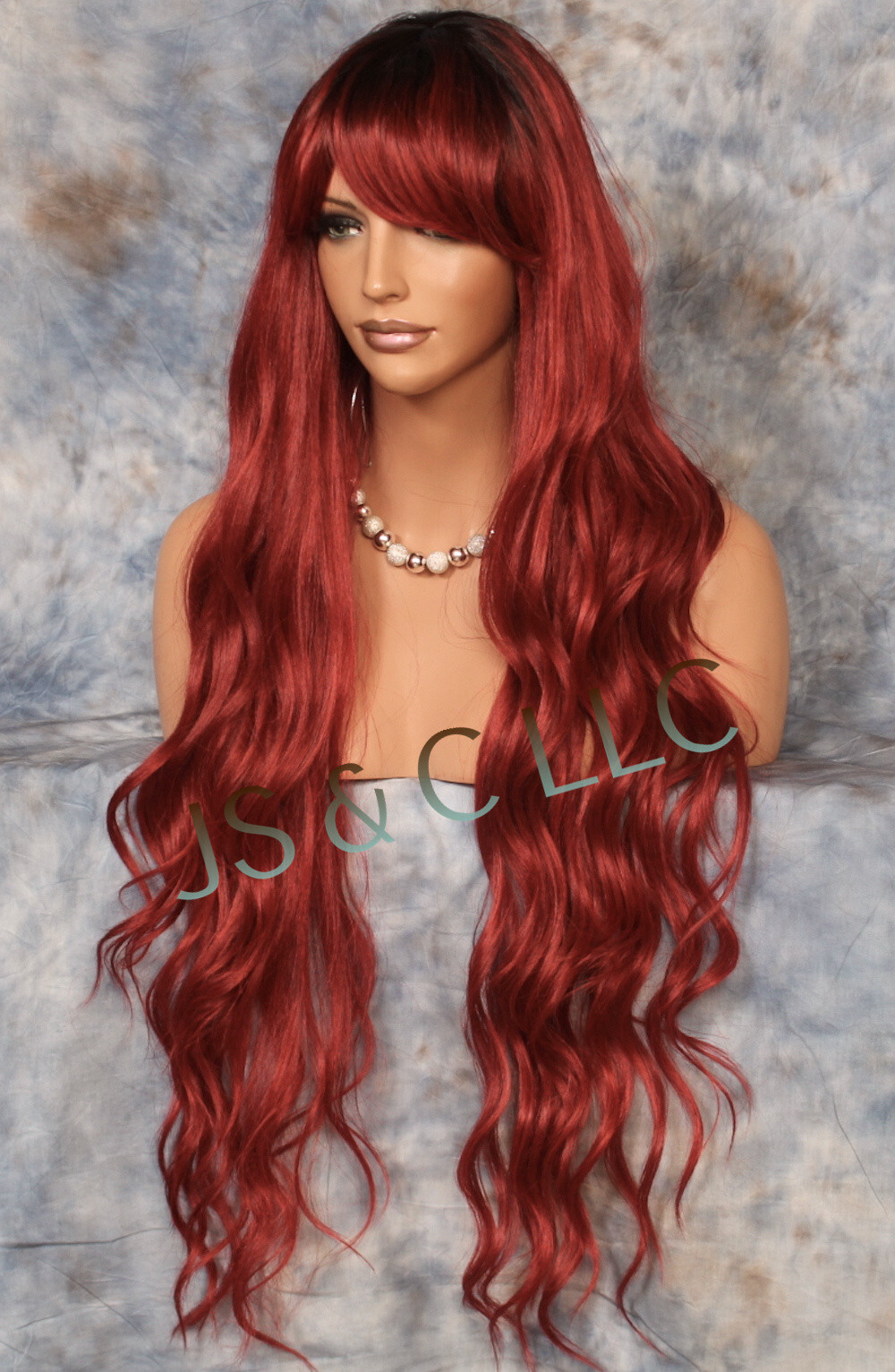 Human Hair Blend 40″ Long Full Wig Heat OK Wavy bangs JSSH Black roots Red Wine