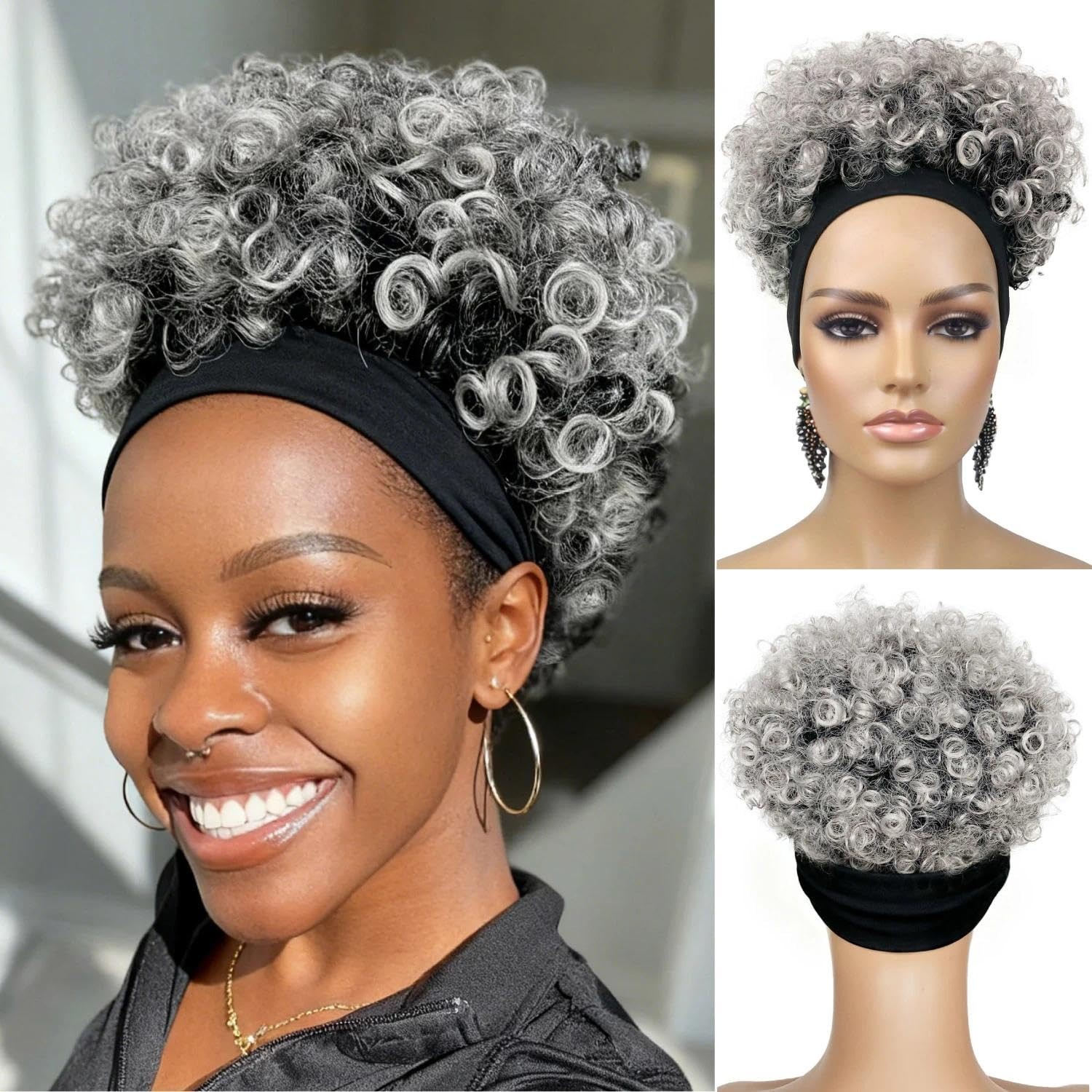 Short Salt and Pepper Afro Curly Headband Wig for Black Women, Gray Kinky Cur…
