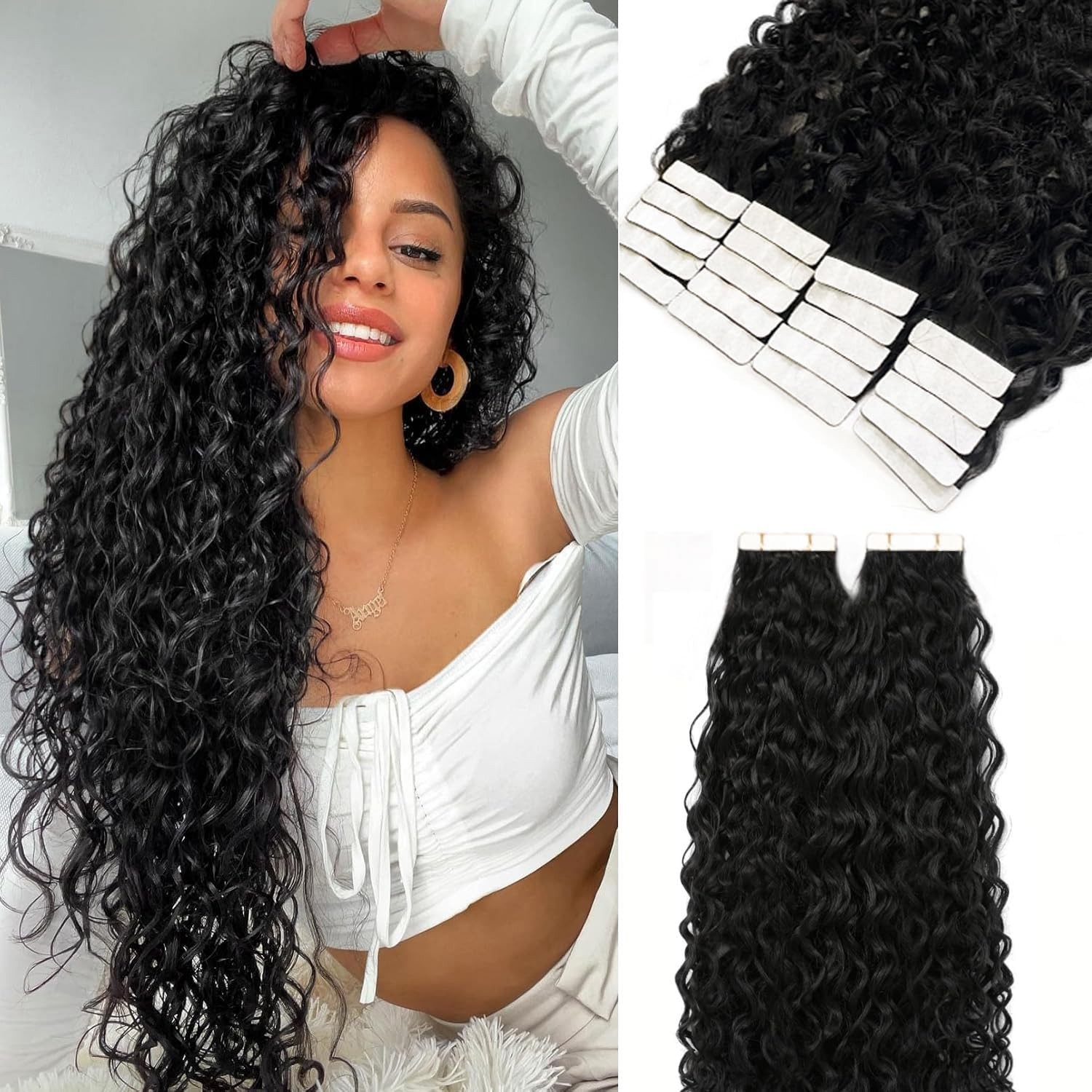 Smartinnov Afro Curly Tape In Hair Extensions Human Hair 18 Inch Seamless Skin