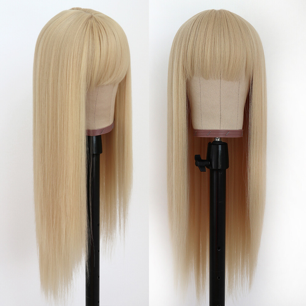Long Blonde Heat Resistant Straight Hair No Lace Natural Women Wigs Full Bangs