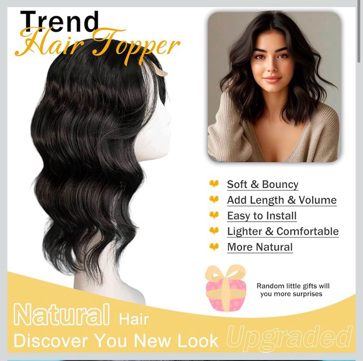 TYQ Hair Toppers 14” Synthetic Curly Wavy Side Part Clip in Bangs(Brown Black)