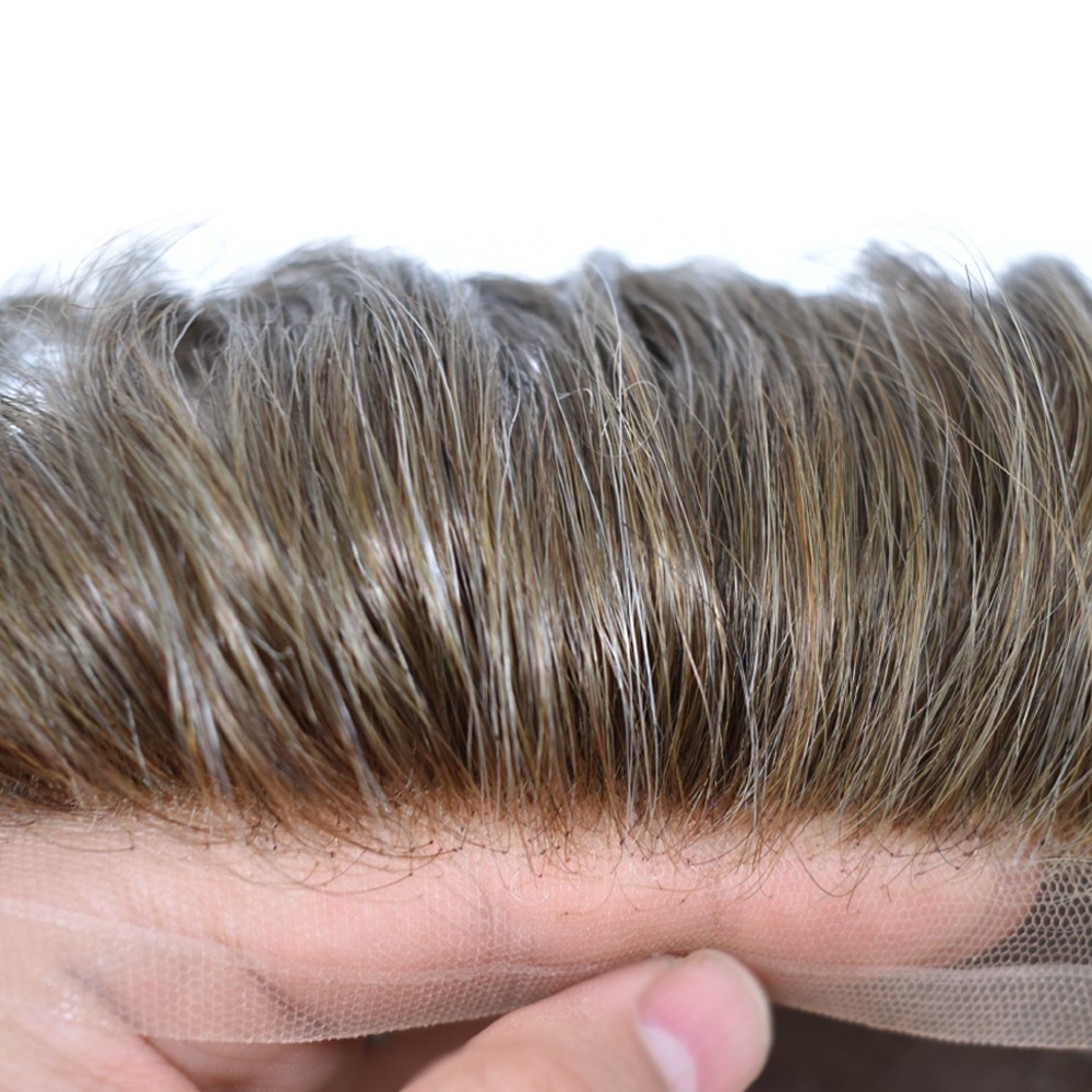 Mens Toupee French Lace Front Hair Piece System Fine Mono Poly Skin Wig for Men