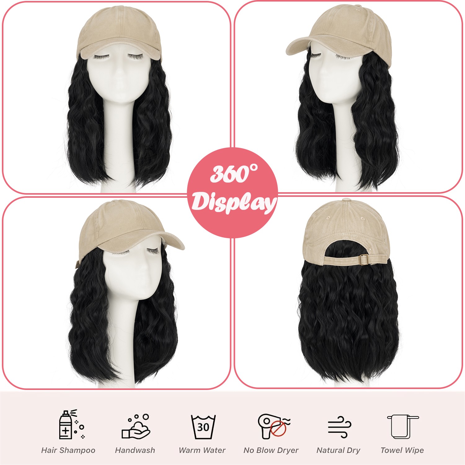 8in Cap with Hair Attached For Women Wig Hat with Hair Short Bob Style Synthetic
