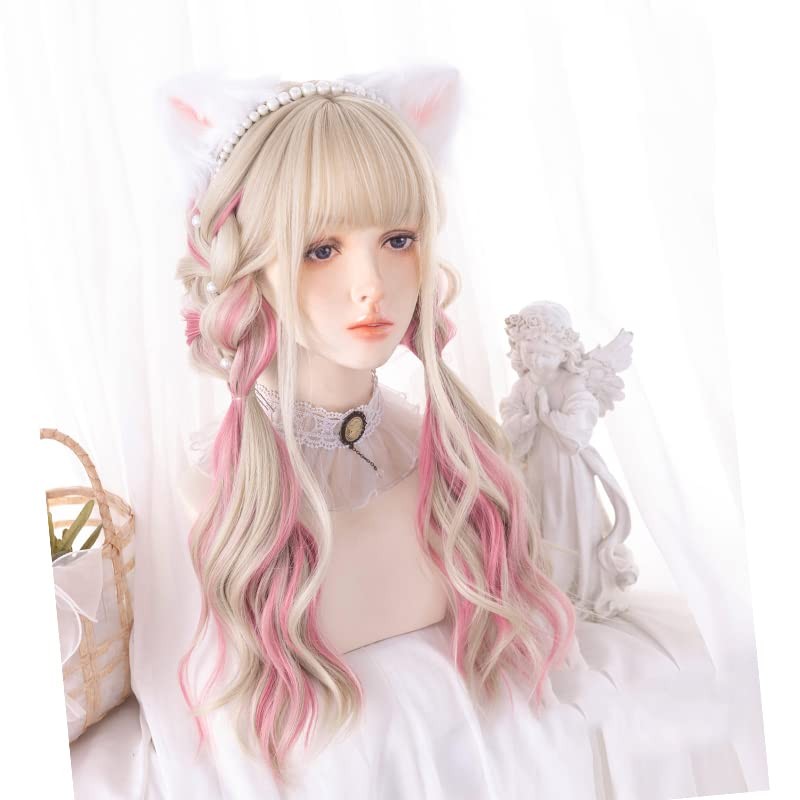 Gold Ear-dyeing Pink Lolita Wig Japanese Harajuku Cute Daily Long Curls Hair …