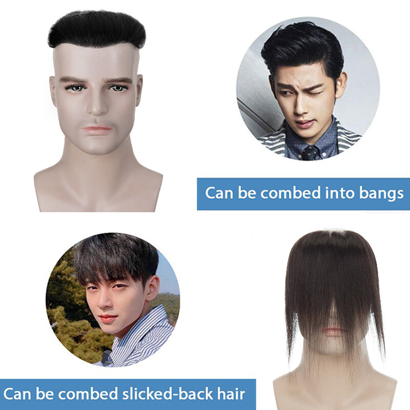 Mens Toupee for Frontal Receding Hairline Real Human Hair V-Looped PU Hairpiece