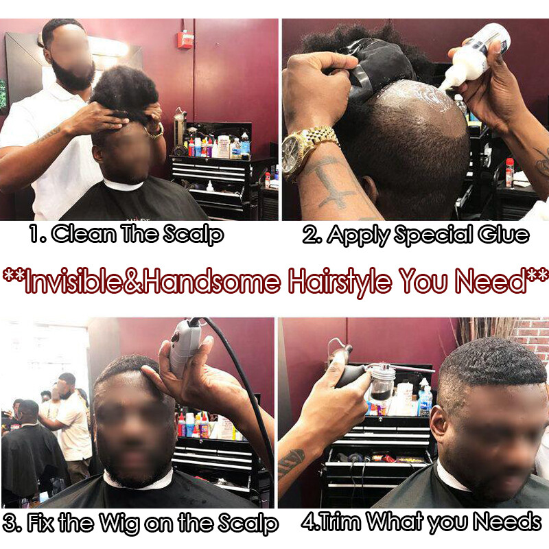 Indian 6MM Afro Curl Mens Toupee Replacement System Wigs Thin Skin PU Human Hair