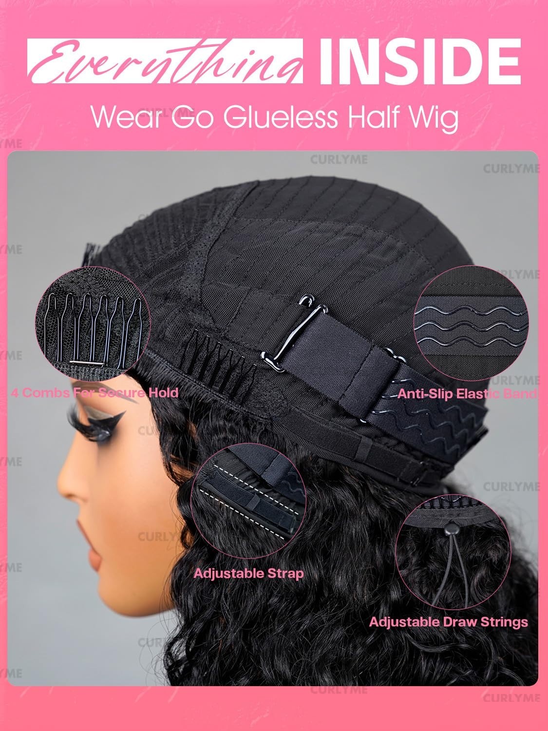 20 Inch Curly Half Wig Water Wave Human Hair – Glueless, Adjustable, Beginner Fr