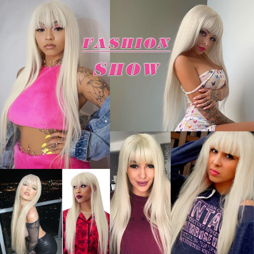 Synthetic Hair Cosplay Party Wigs With Bangs Long Straight Bleach blonde