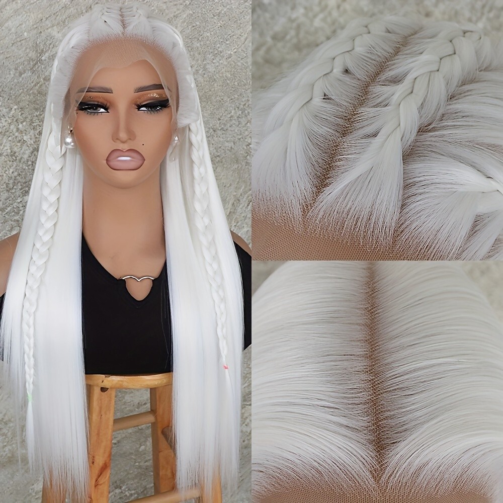 13×6 White Synthetic Lace Front Wigs Long Straight Hair Pre Plucked Glueless Wig
