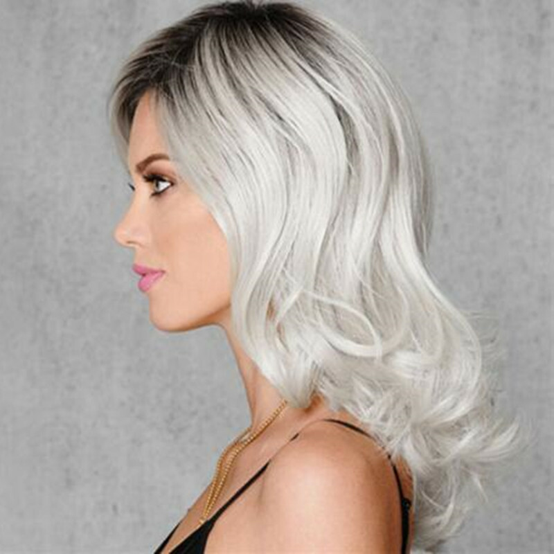 Ash Gray to Silver White Ombre Wavy Curly Blonde Wig Shoulder Length Women Hair