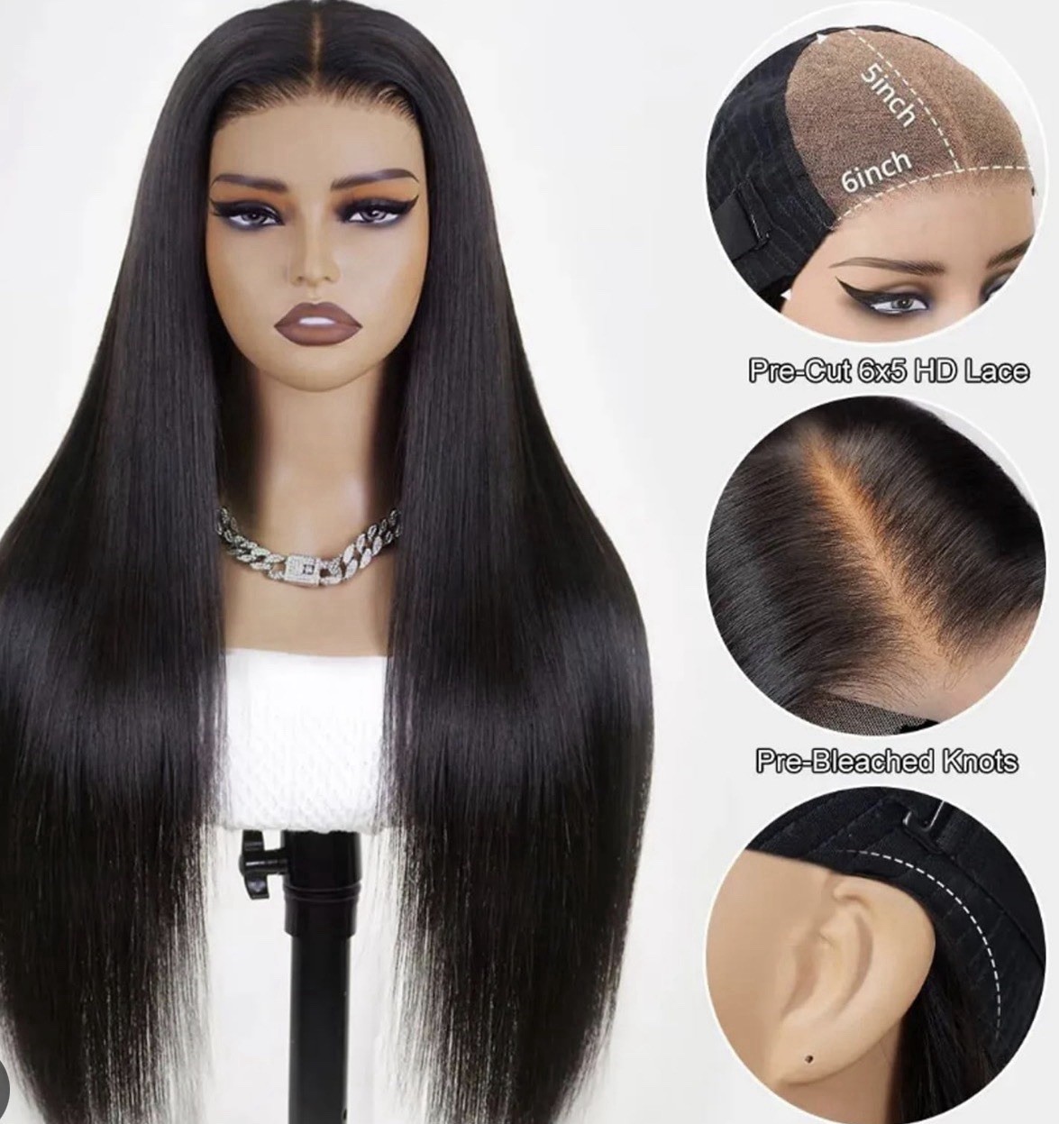 Human Hair Lace Front Straight Black Middle Part Wig Pre-Bleached Knots 30 in
