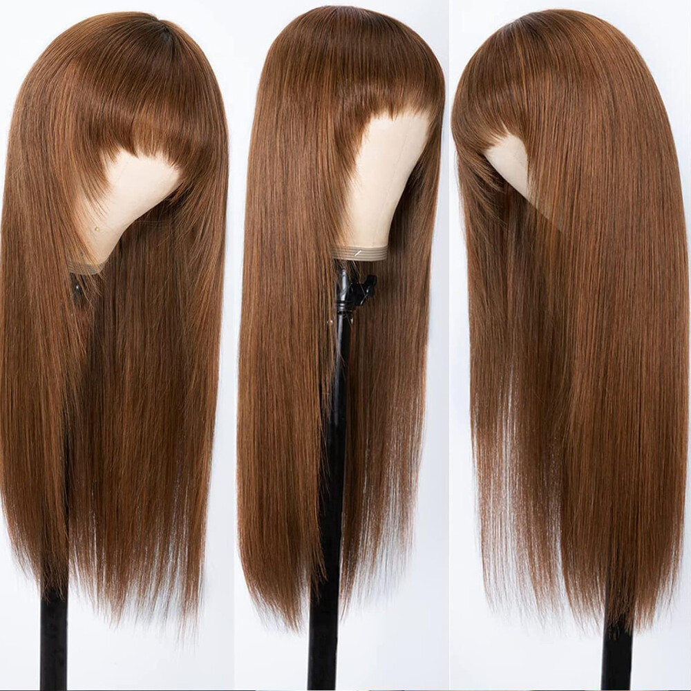 UNice Cambodian Brown Yaki Straight Human Hair Wig with Bangs Lace Wig Layer Cut
