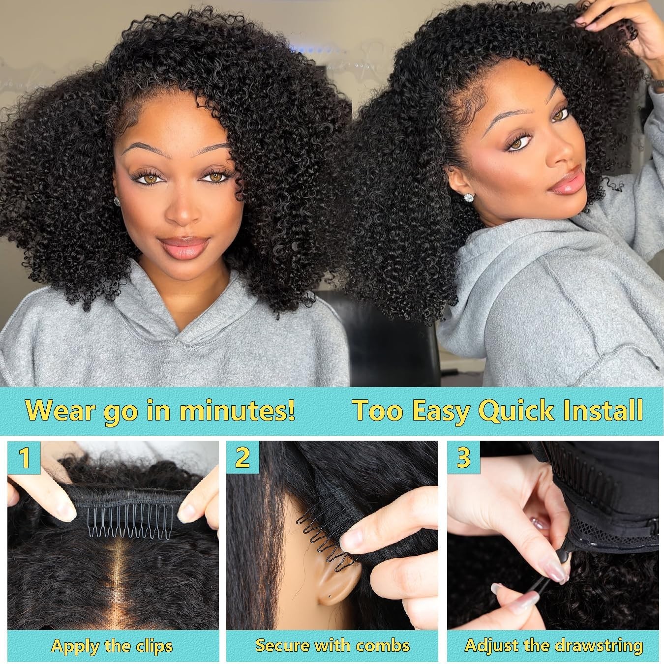 Kinky Curly Half Wig 200% Density 20″ Glueless Seamless Flip Wig for Black Women