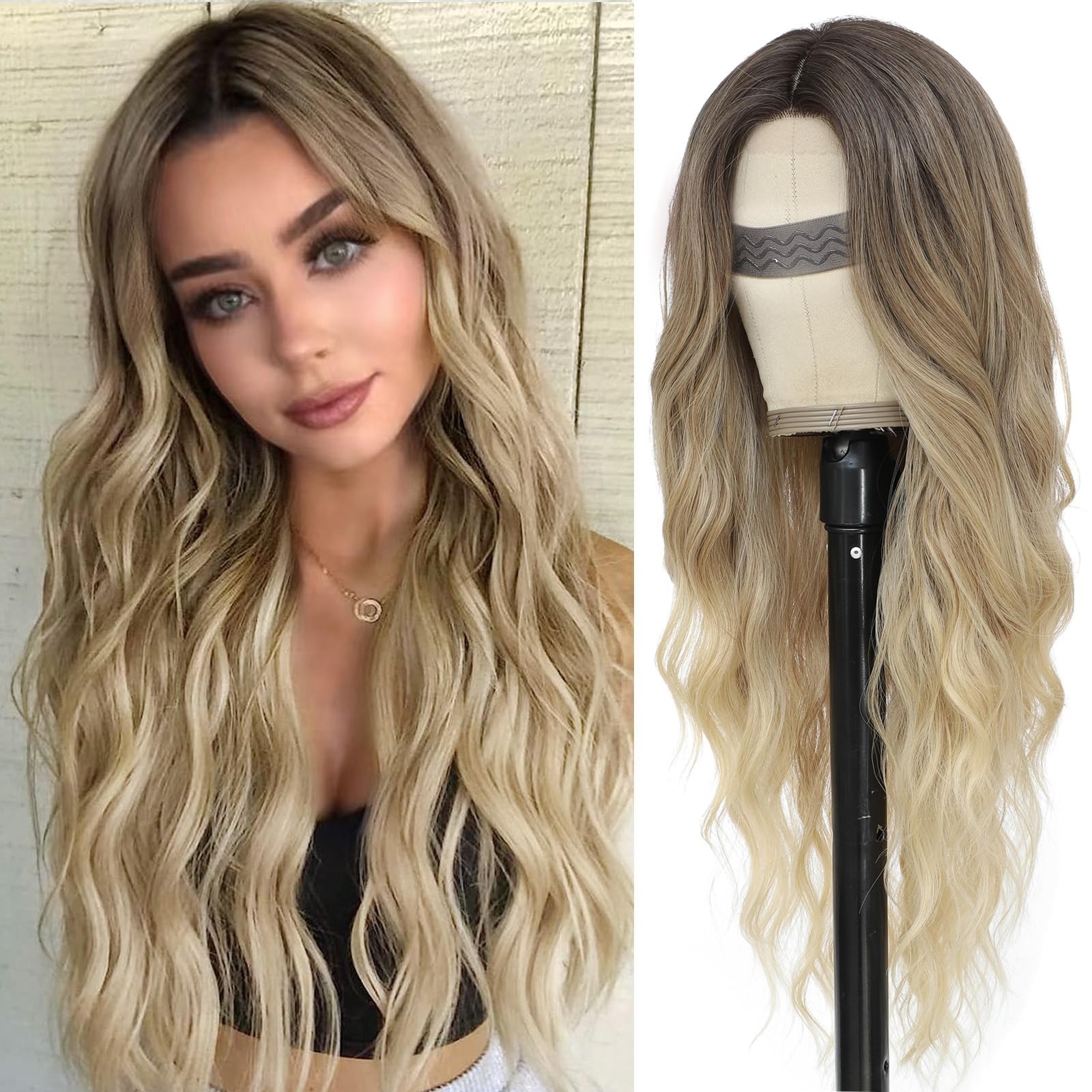Ombre Blonde Wig for Women, Long Ombre Blonde Wavy Wig Middle Part 26 Inch Bl…