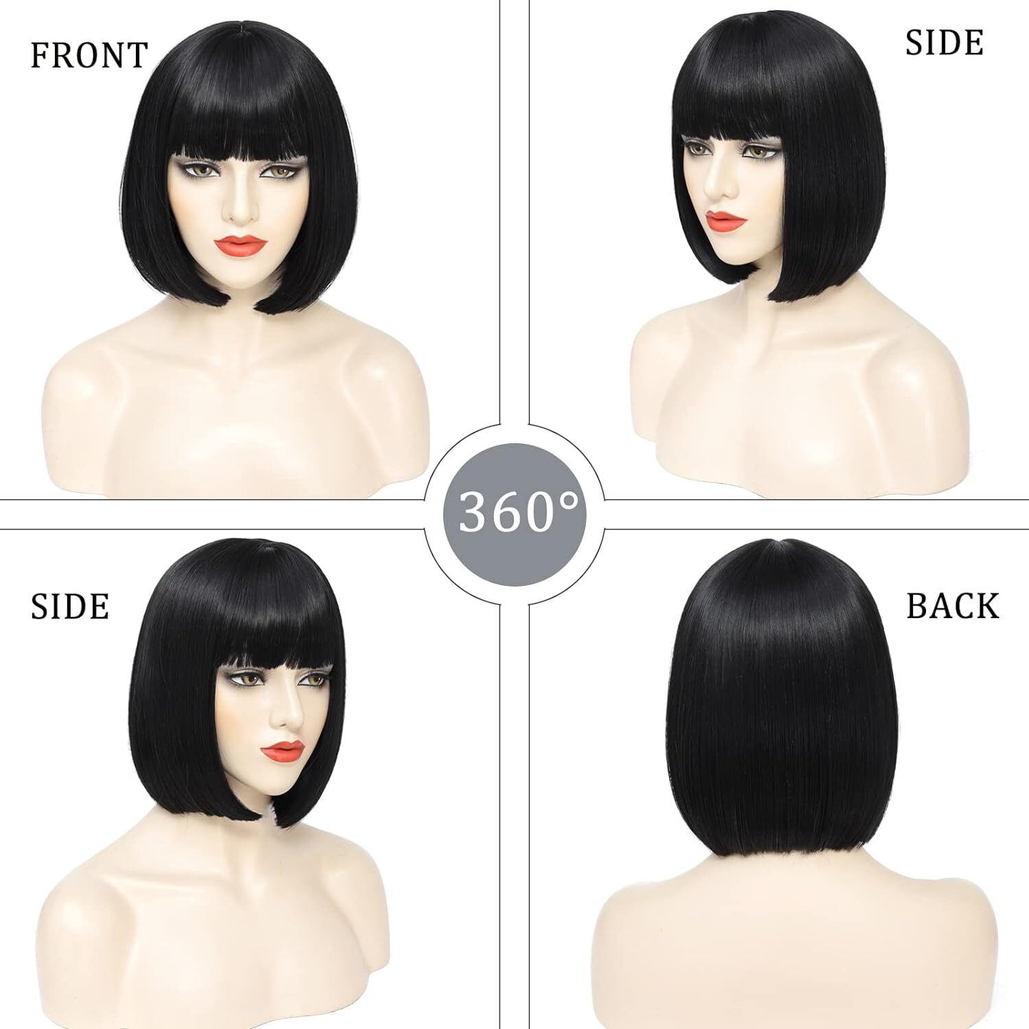 Black Bob Wig with Bangs 13″ Short Bob Wigs Women Short Black Wig Heat Daily USA