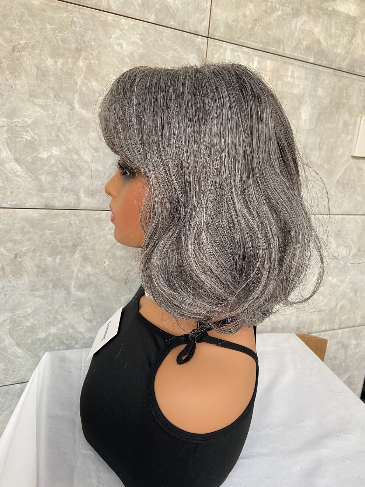 Salt and Pepper Medium Bob Wavy Gray 100% Human Hair Blend Wig Women Natural