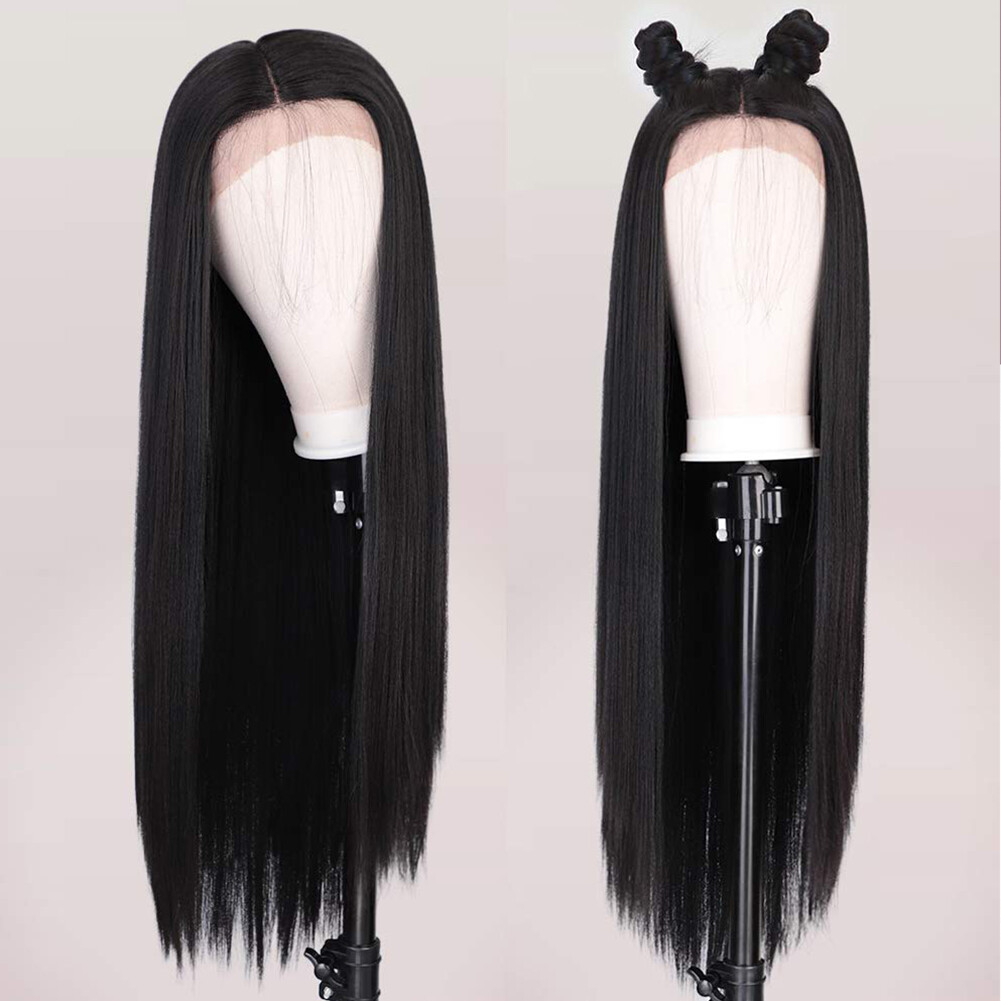 Long Straight Black Hair Women Glueless Synthetic Lace Front Wigs Heat Resistant