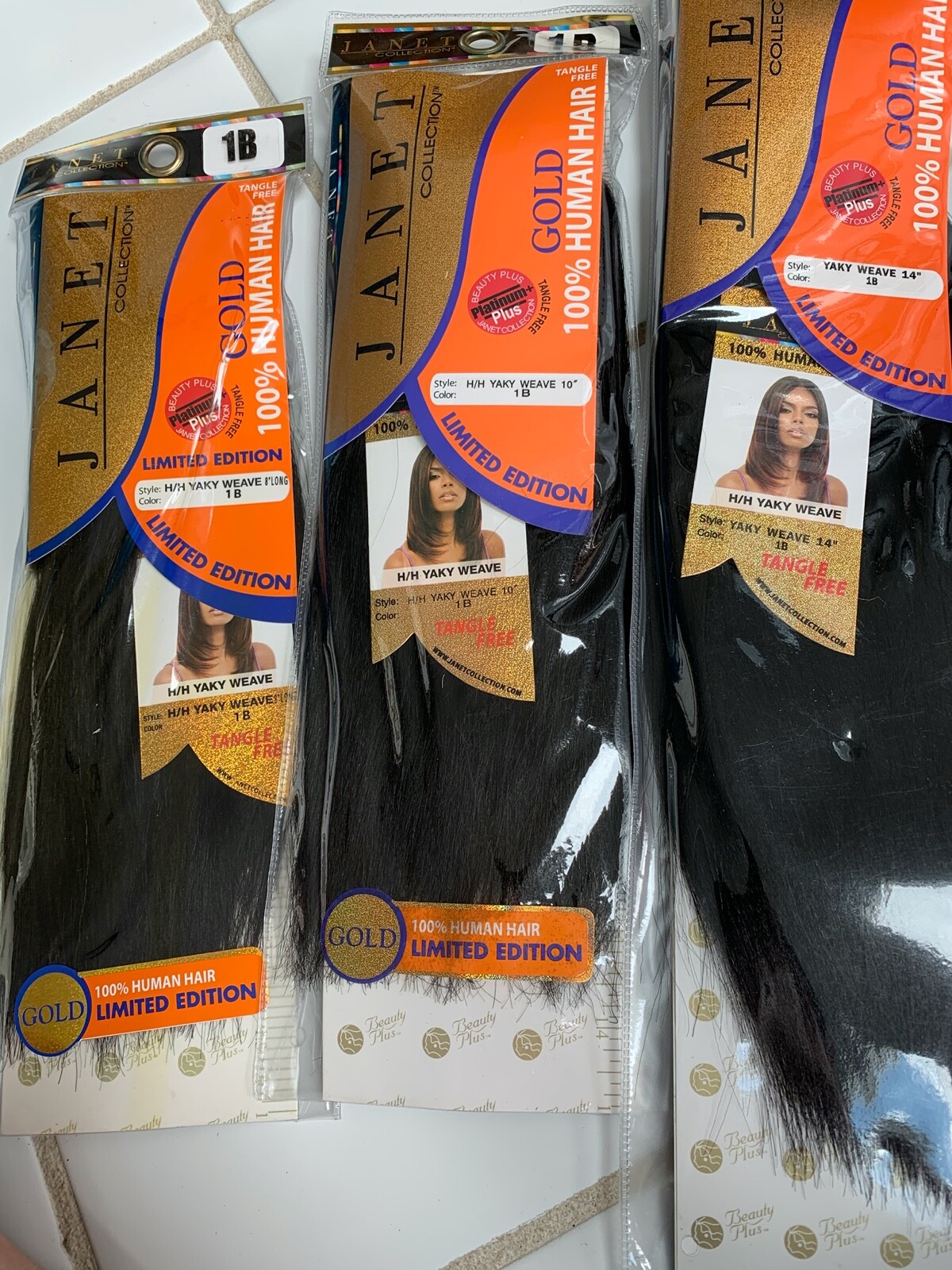 Janet Yaky Weave 100″ human Hair. color 1, 1B, 2, 4. Length 8″, 10″, 12″ 14″