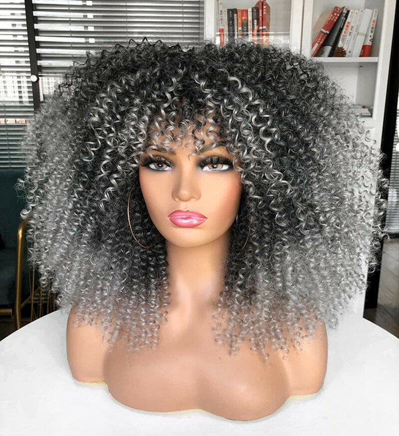 16inch Afro Kinky Curly Wig with Bangs for Black Women No Glue Full and Fluffy