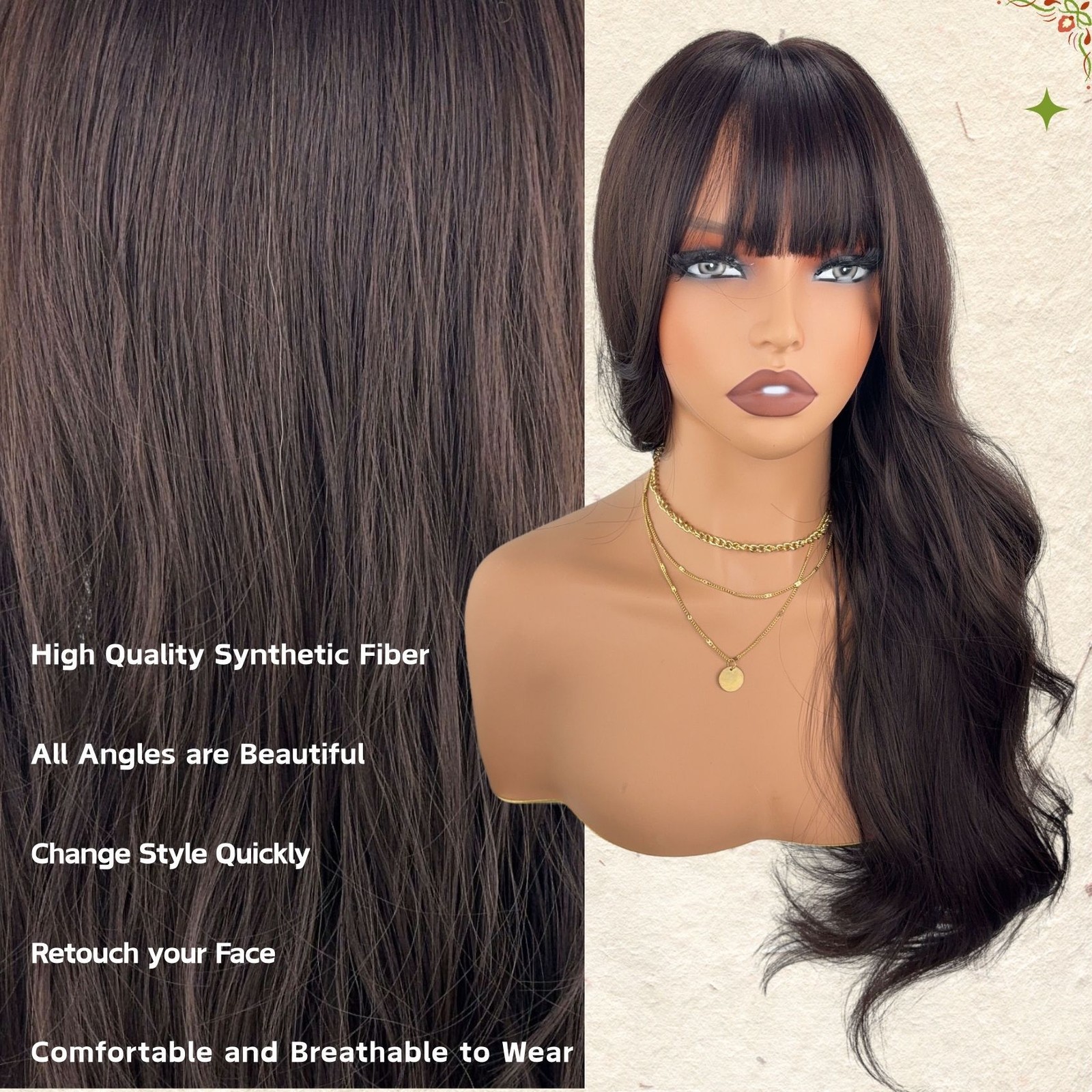24in Dark Brown Wavy Wig with Bangs Heat Resistant Synthetic Party Wedding