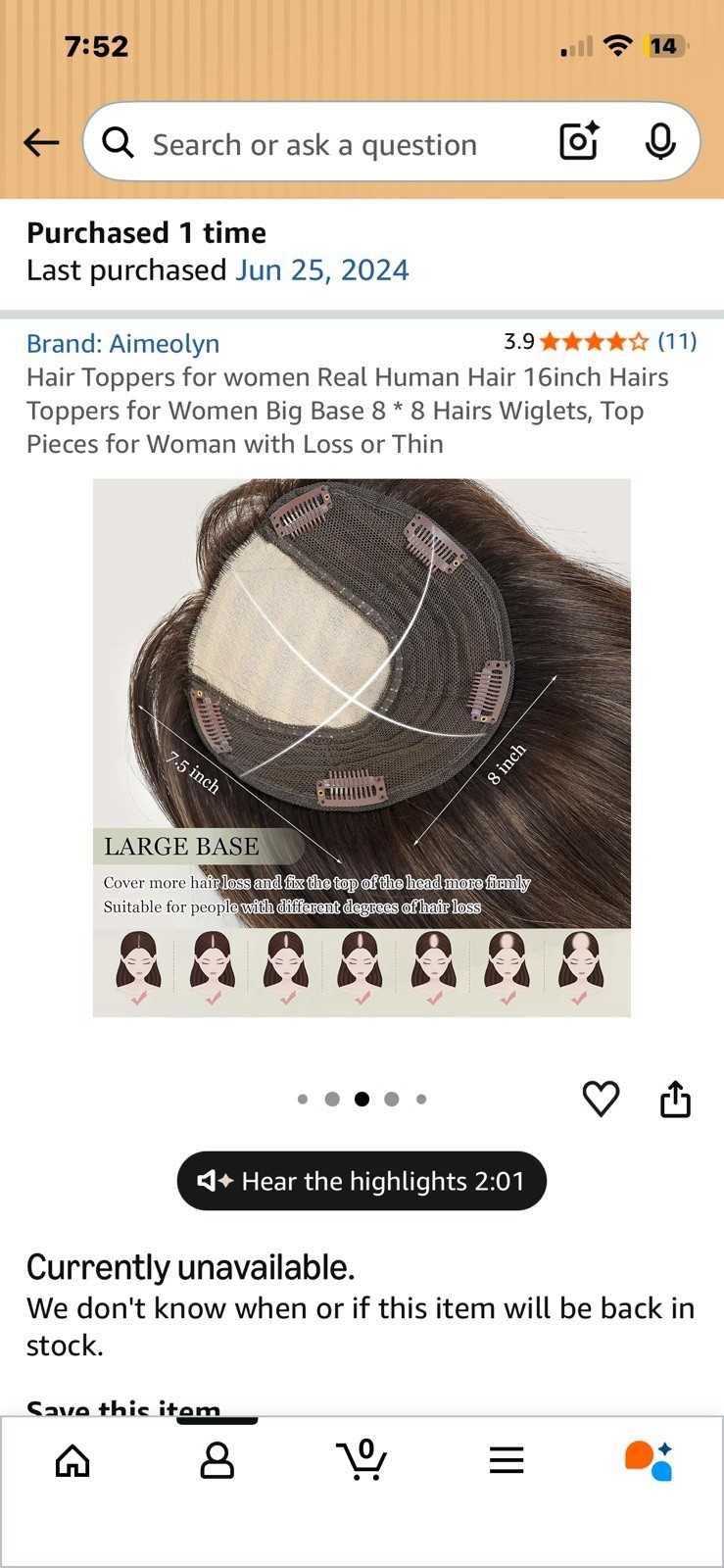 Aimeolyn Human Hair Topper Clip-In Lace Base 16in Brown/Blonde 5 Clips