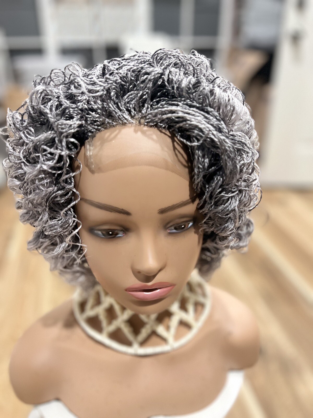 Braided Micro Twist Curly Gray Wig. Stays Curly Just As Pictures.READY TO SHIP.