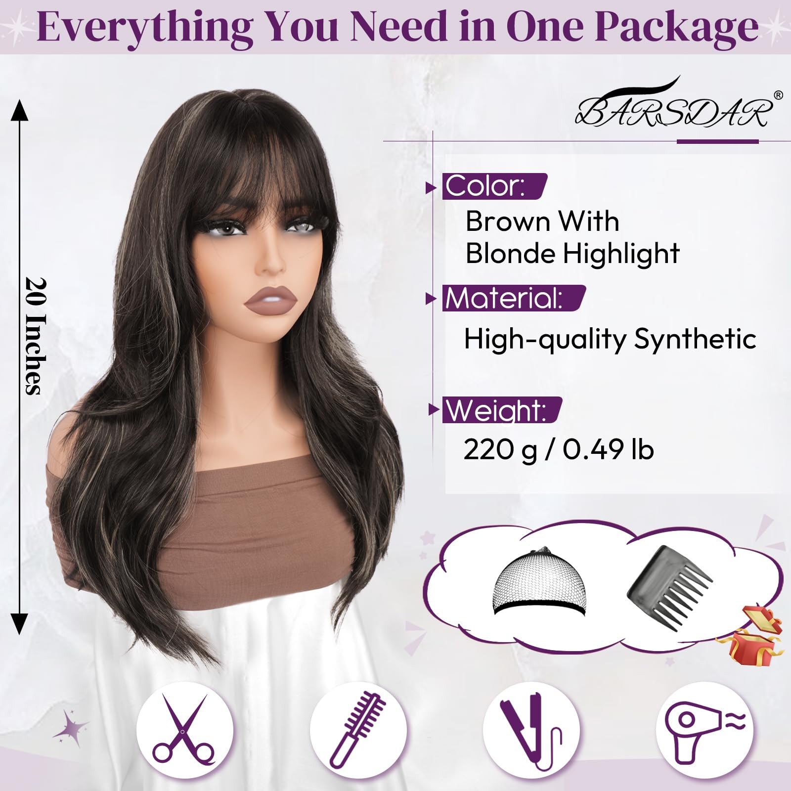Brown Blonde Highlight Layered Wig with Bangs – 20 Inch Layered Wig with Bang…
