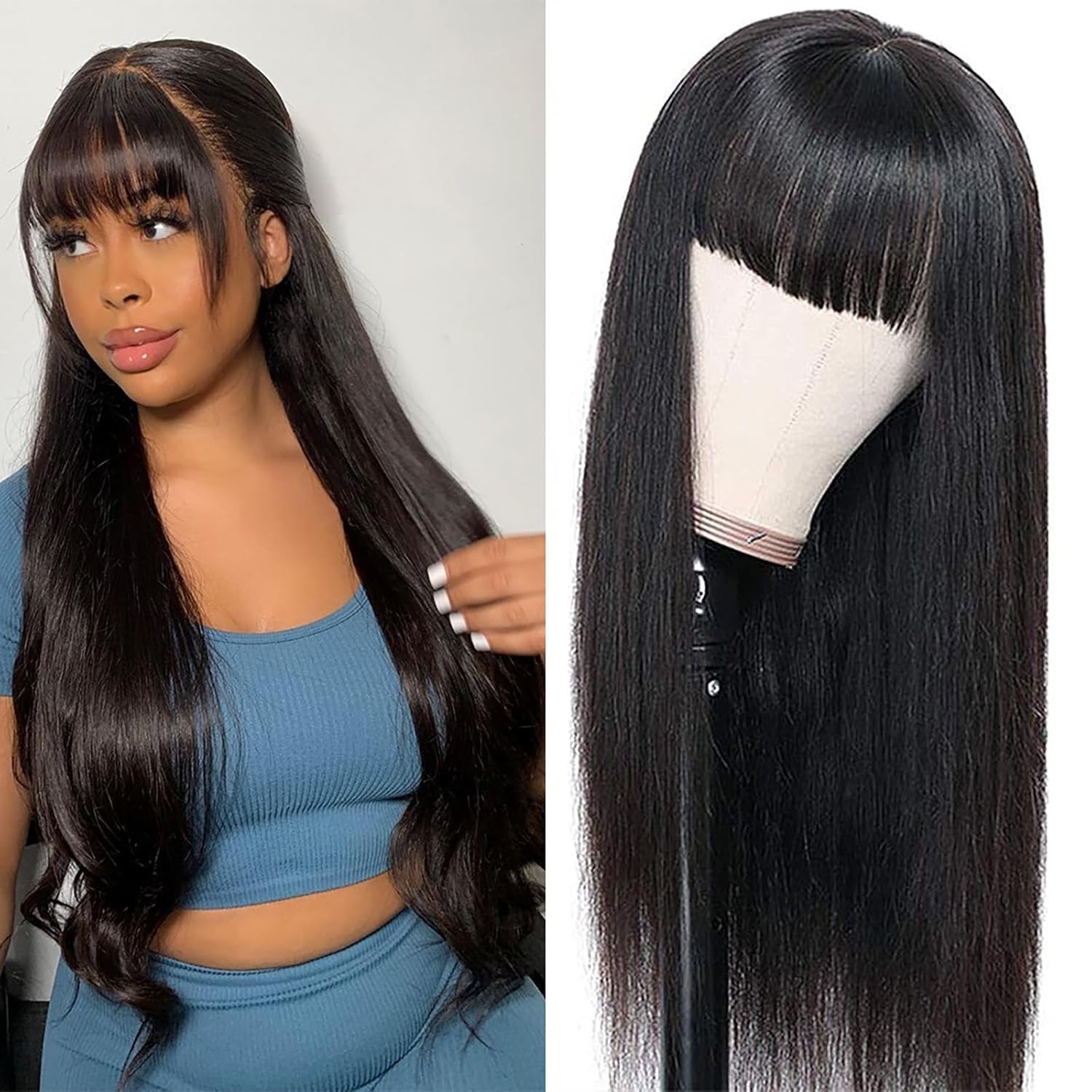 Straight Human Hair Wig With Bang Brazilian VirginHuman Hair None Lace Front Wig