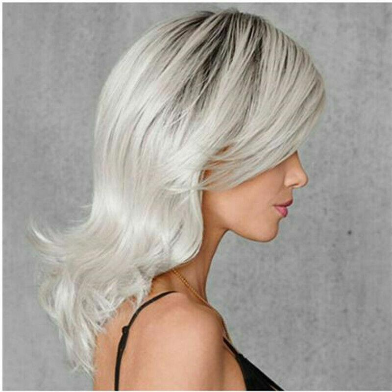 Women Ash Blonde Gray Silver White Ombre Wavy Curly Wig Shoulder Length Hair