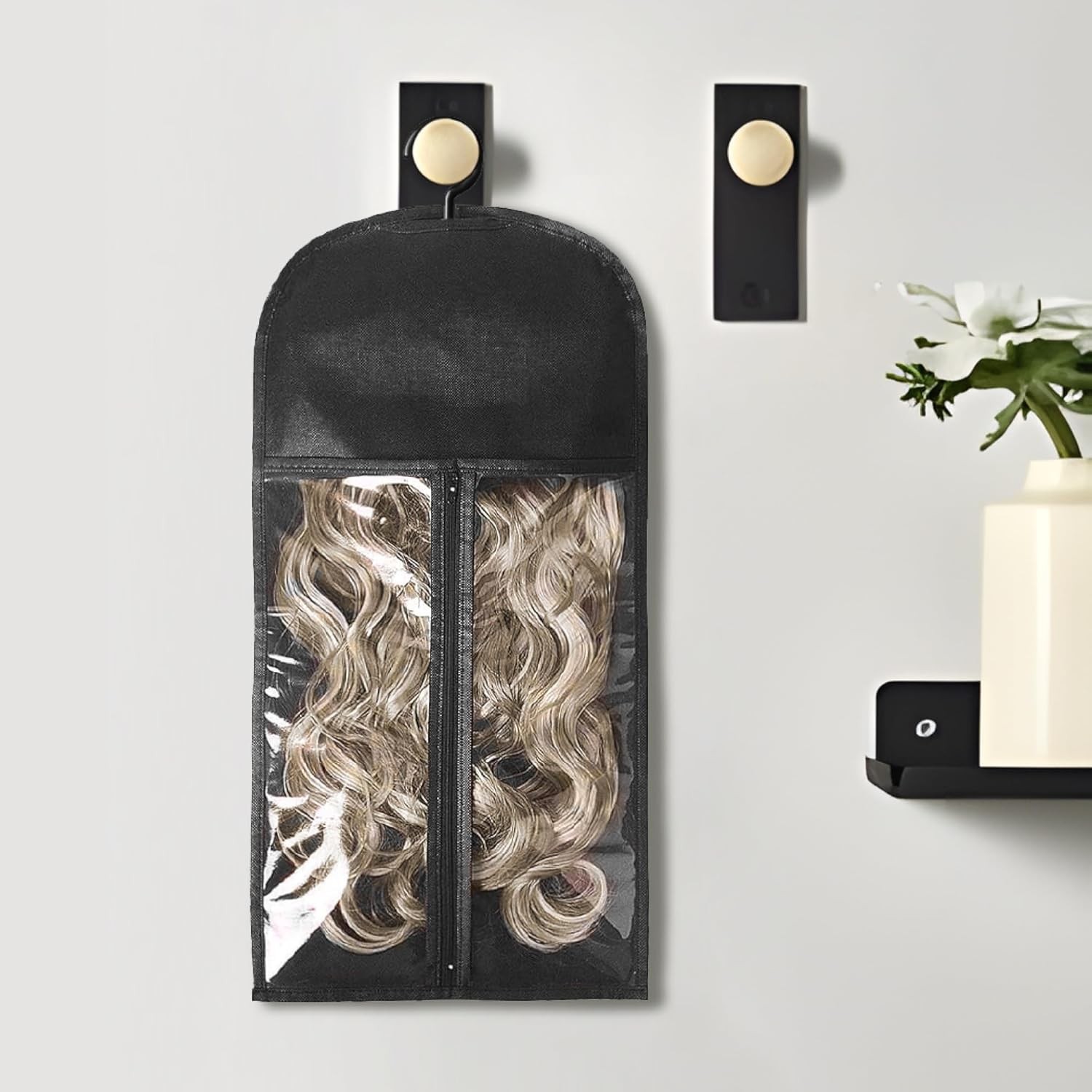 6 PCS Hair Extension Holder Wig Storage Bags with Hanger Wig Holder (Black)
