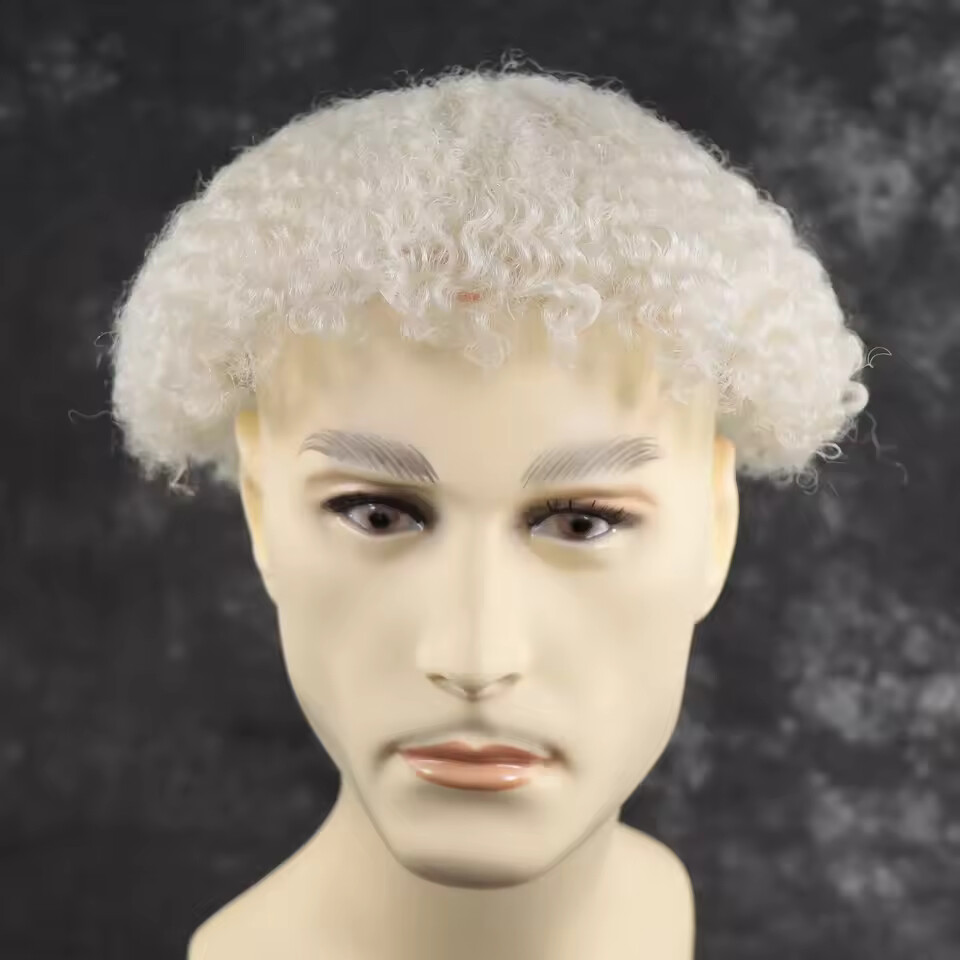 Men’s #60 Blonde White Hair Toupee Color 6mm Afro Curly 8×10 Full Lace Toupee