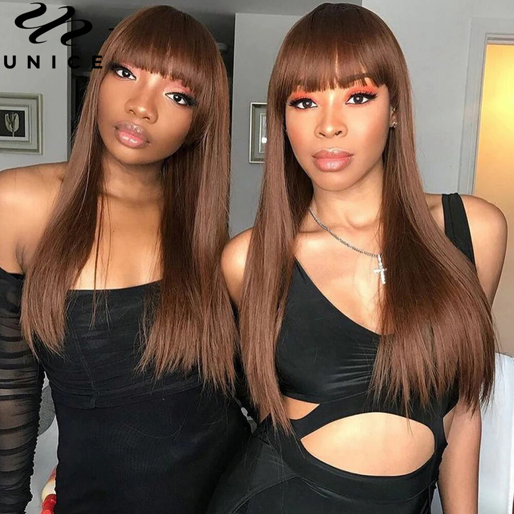 UNice Cambodian Brown Yaki Straight Human Hair Wig with Bangs Lace Wig Layer Cut