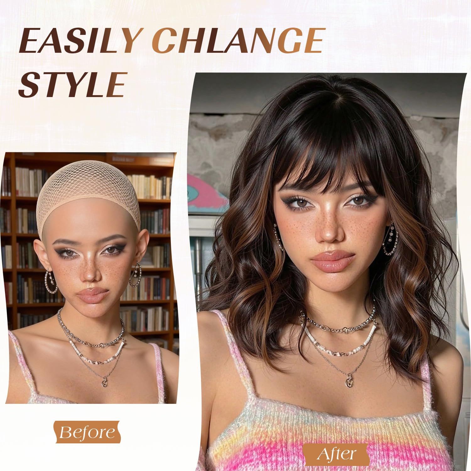 Highlight Short Water Wave Curly Wig Heat Resistant Synthetic Full Wig for Women