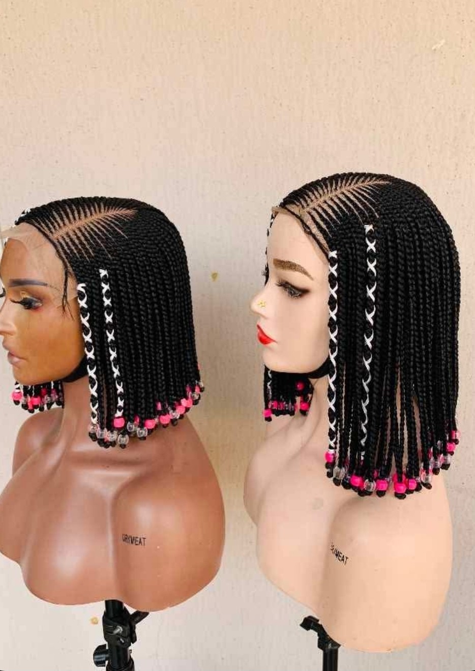 Braided Wig Beaded Short Bob Multi-Color Synthetic Free-Part for Women