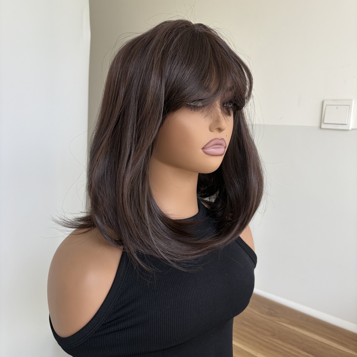 Heat Resistant Synthetic Hair Dark brown Bob Straight Dress Up Wigs With Bangs