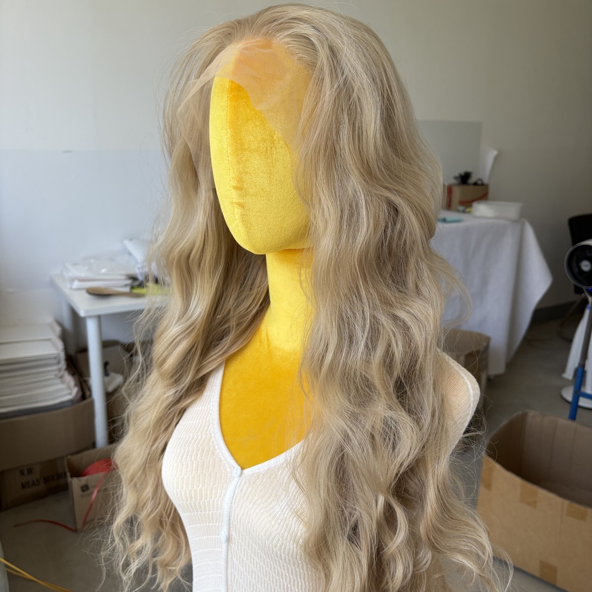 Glue Less Lace Front Wig Long Wavy Heat Resistant Synthetic Hair Ash Blonde