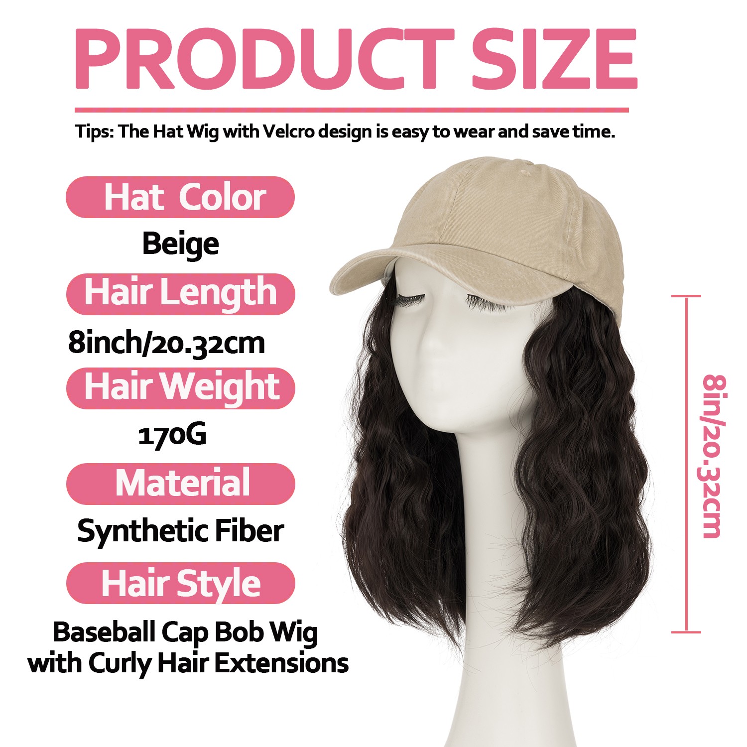 8in Cap with Hair Attached For Women Wig Hat with Hair Short Bob Style Synthetic