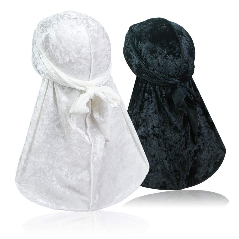 ASHILISIA 2 PCS Crushed Velvet Wave Durag – 1 Count (Pack of 2), Black+white