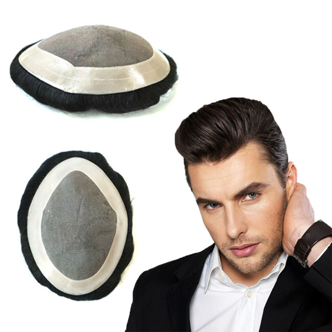 Natural Mens Toupee Human Hair Replacement System 法国花边皮肤发饰 #1B-