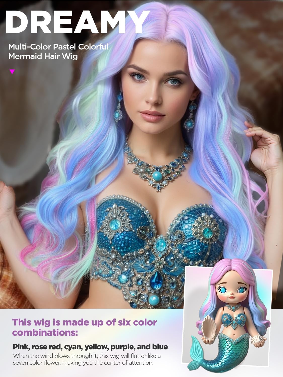 Long Rainbow Color Wavy Hair Dreamy Unicorn Color Wigs Multi-Color Pastel Col…