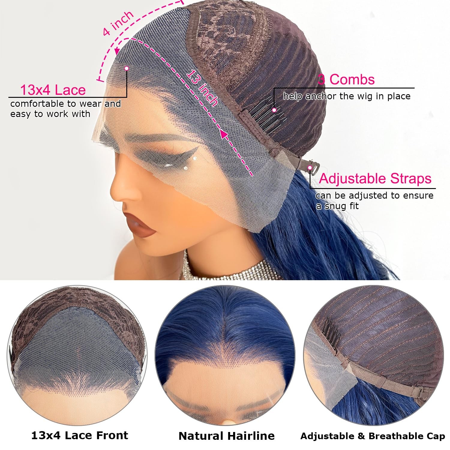 JPIKAQIU 24″ Dark Blue Lace Front Wig Pre Plucked Long Body Wave 13×4