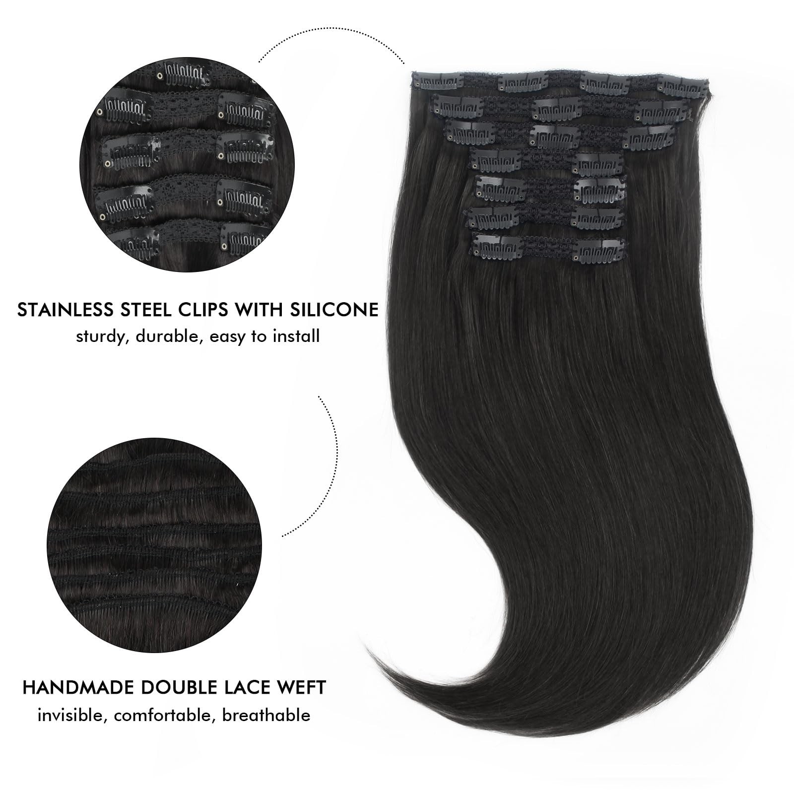 Lovrio 140G 22 Inch 9A Grade Clip In Human Hair Extensions Jet Black Double