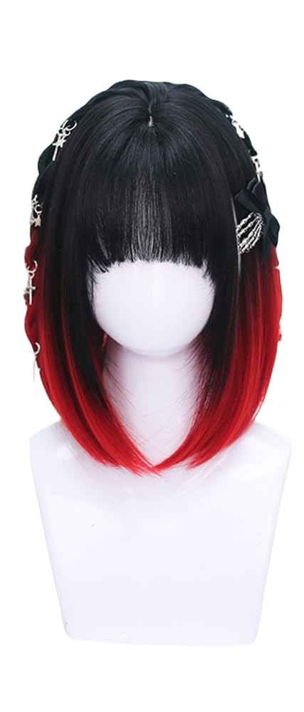 Black and Red Ombre Lolita Girls Short Bob Hair with Bangs Japanese Natural H…