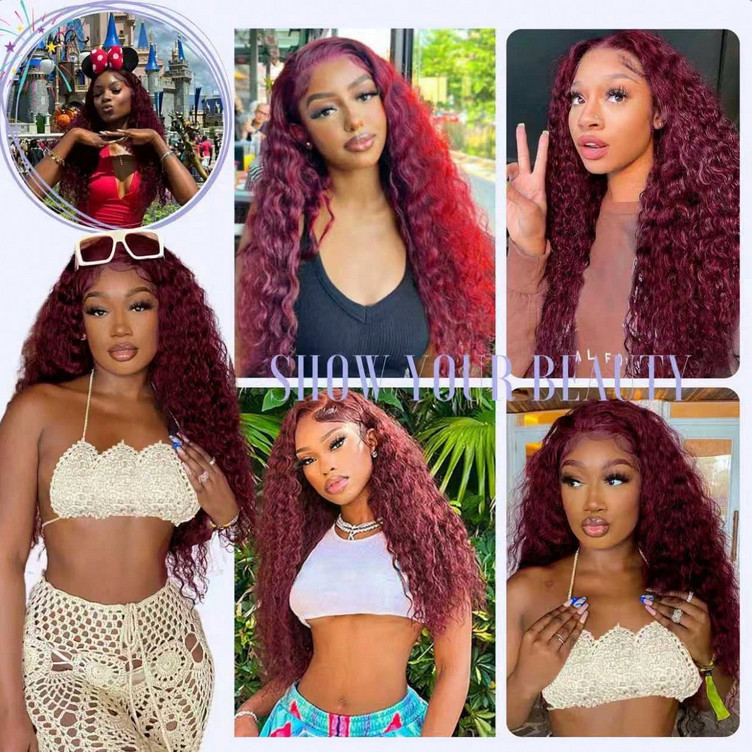 200% Density Burgundy 99J 5×5 Deep Wave Transparent Lace Wigs
