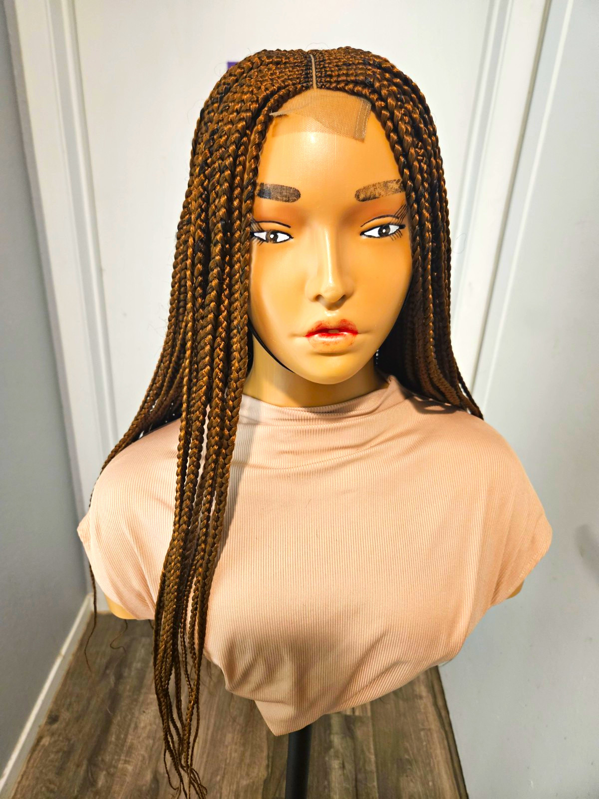 Women Synthetic Lace Front Long Braided Wig Medium Brown Gold Straight Free-Part