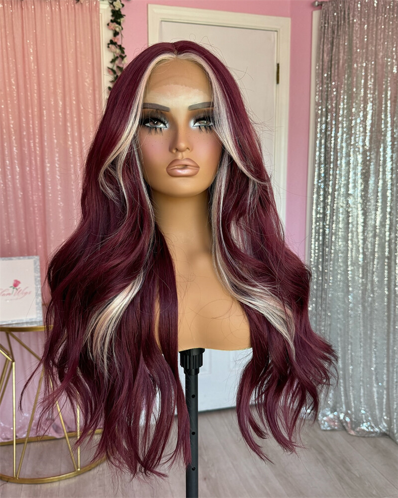 Burgundy Red with Blonde Highlight 13×4 Lace Front Wigs Human Hair Wig Body Wave